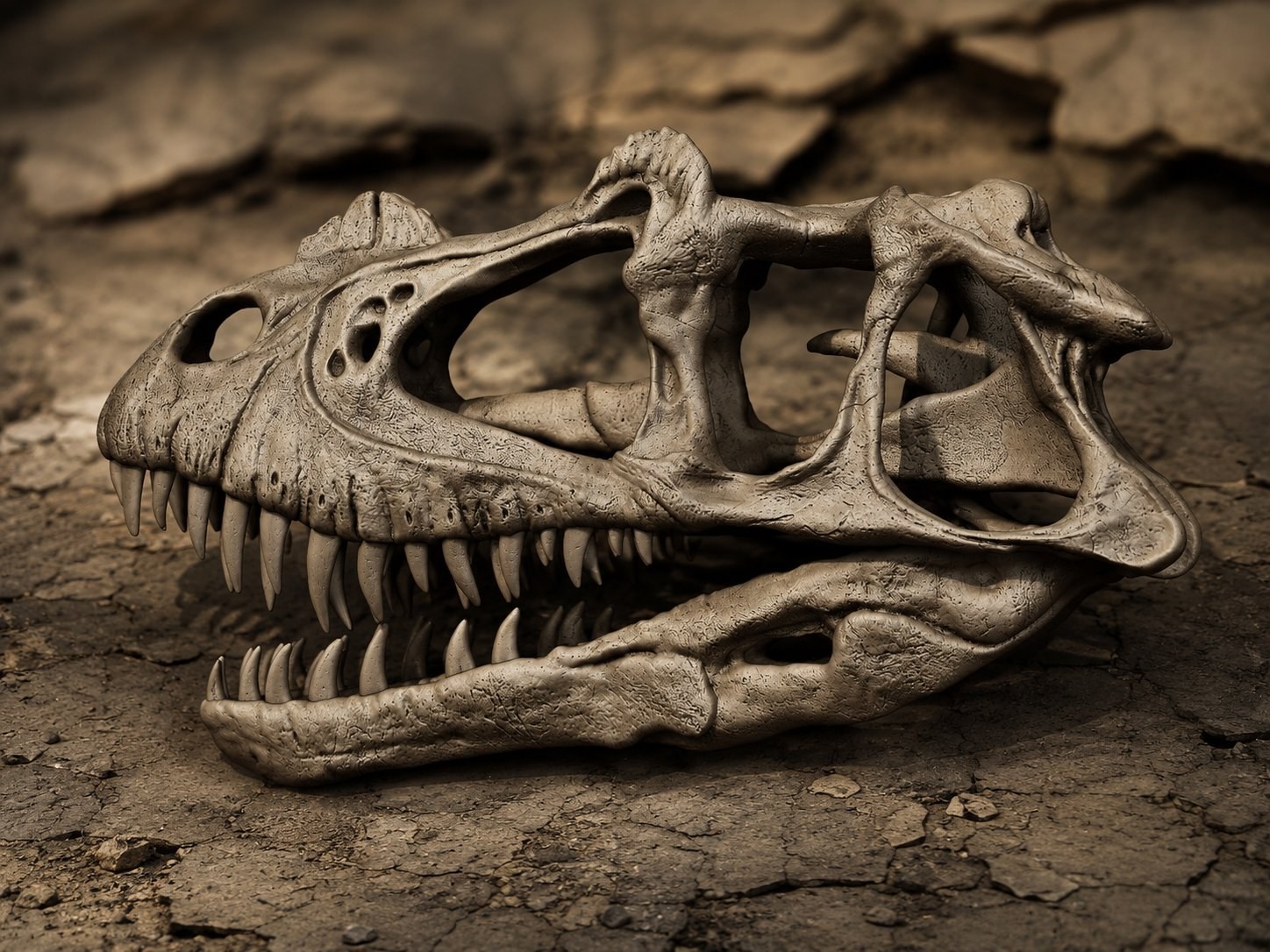 Life-size Ceratosaurus skull replica with horn and blade teeth