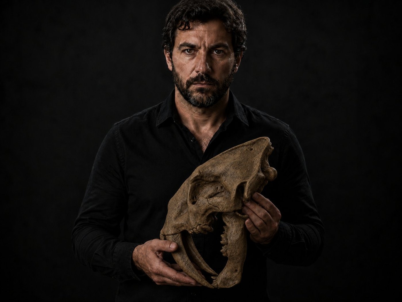 Saber-tooth skull at 1:1 scale, held by an adult