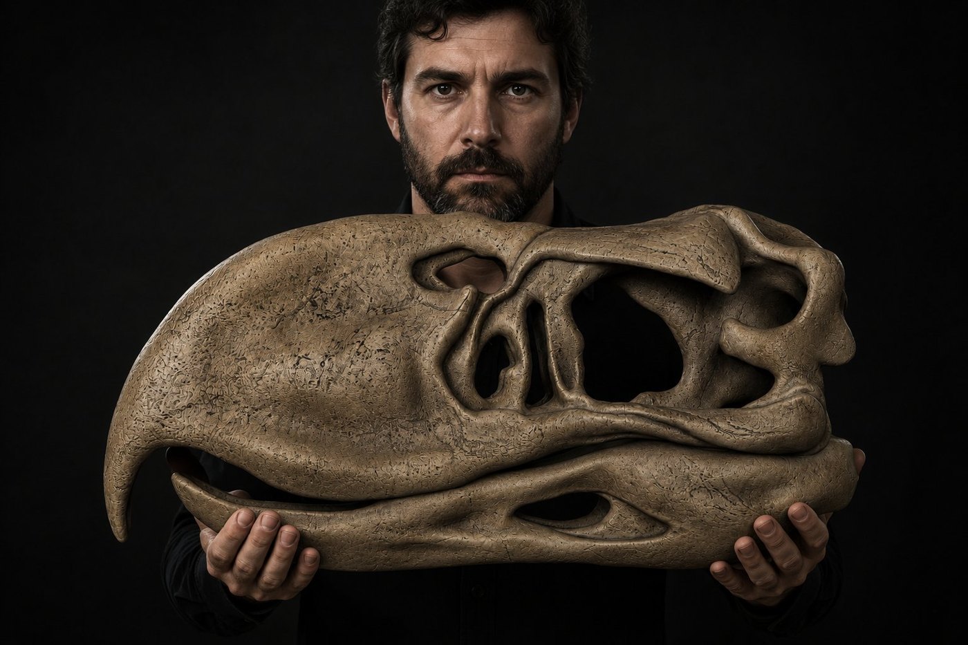 Terror Bird skull at 1:1 scale, held by an adult