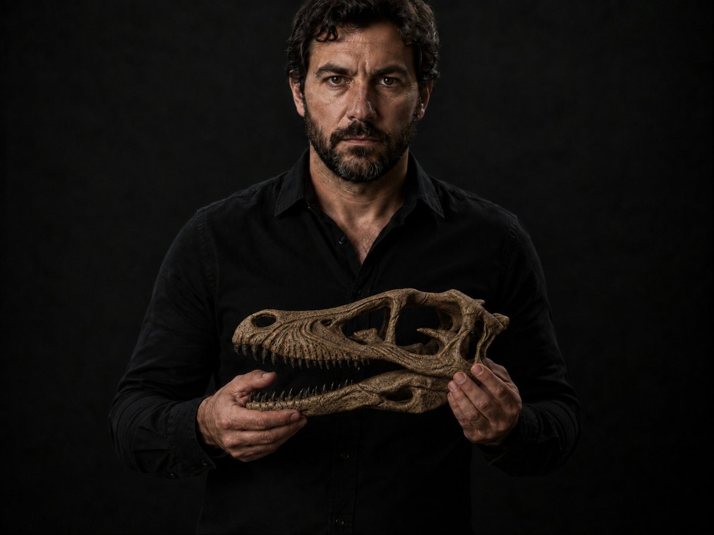 Velociraptor skull at 1:1 scale, held by an adult