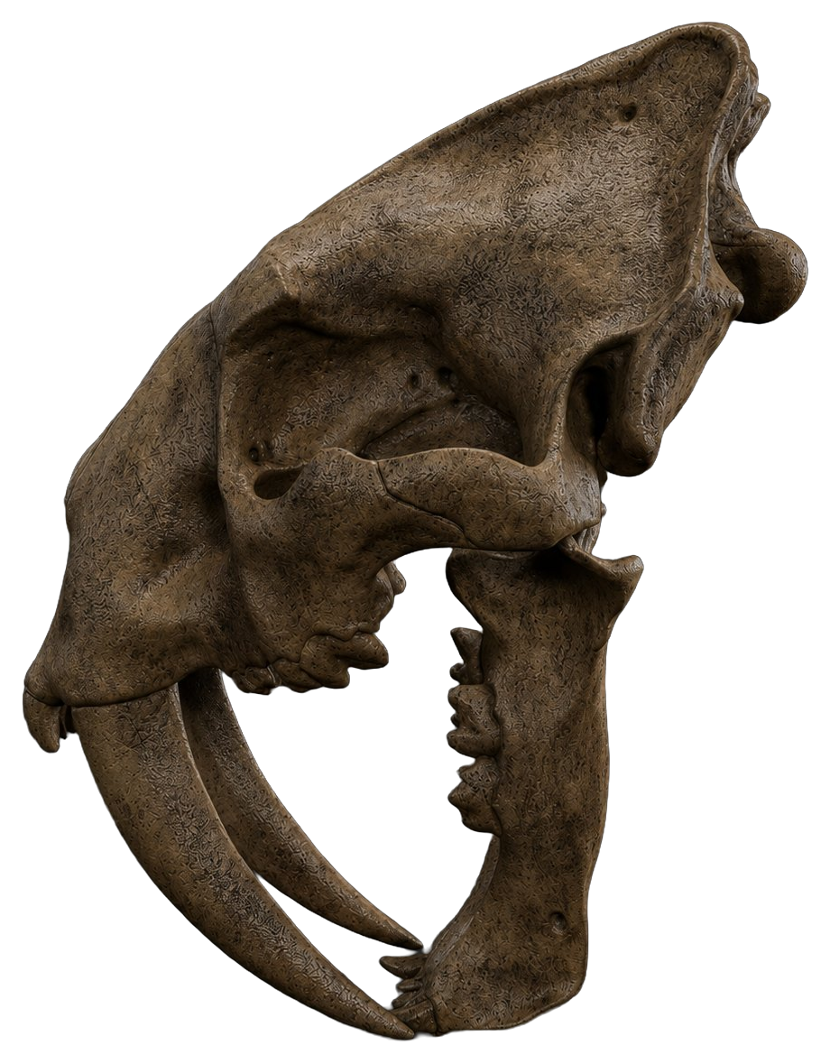 Life-size Smilodon saber-tooth skull replica with long fangs