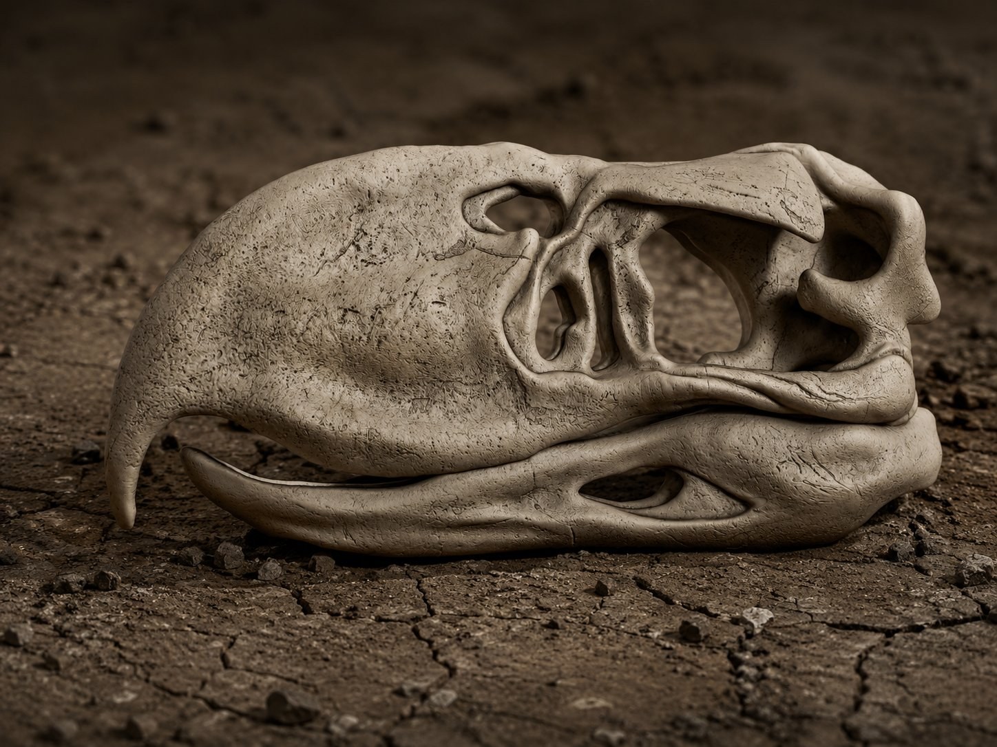 Life-size Terror Bird skull replica with hooked beak
